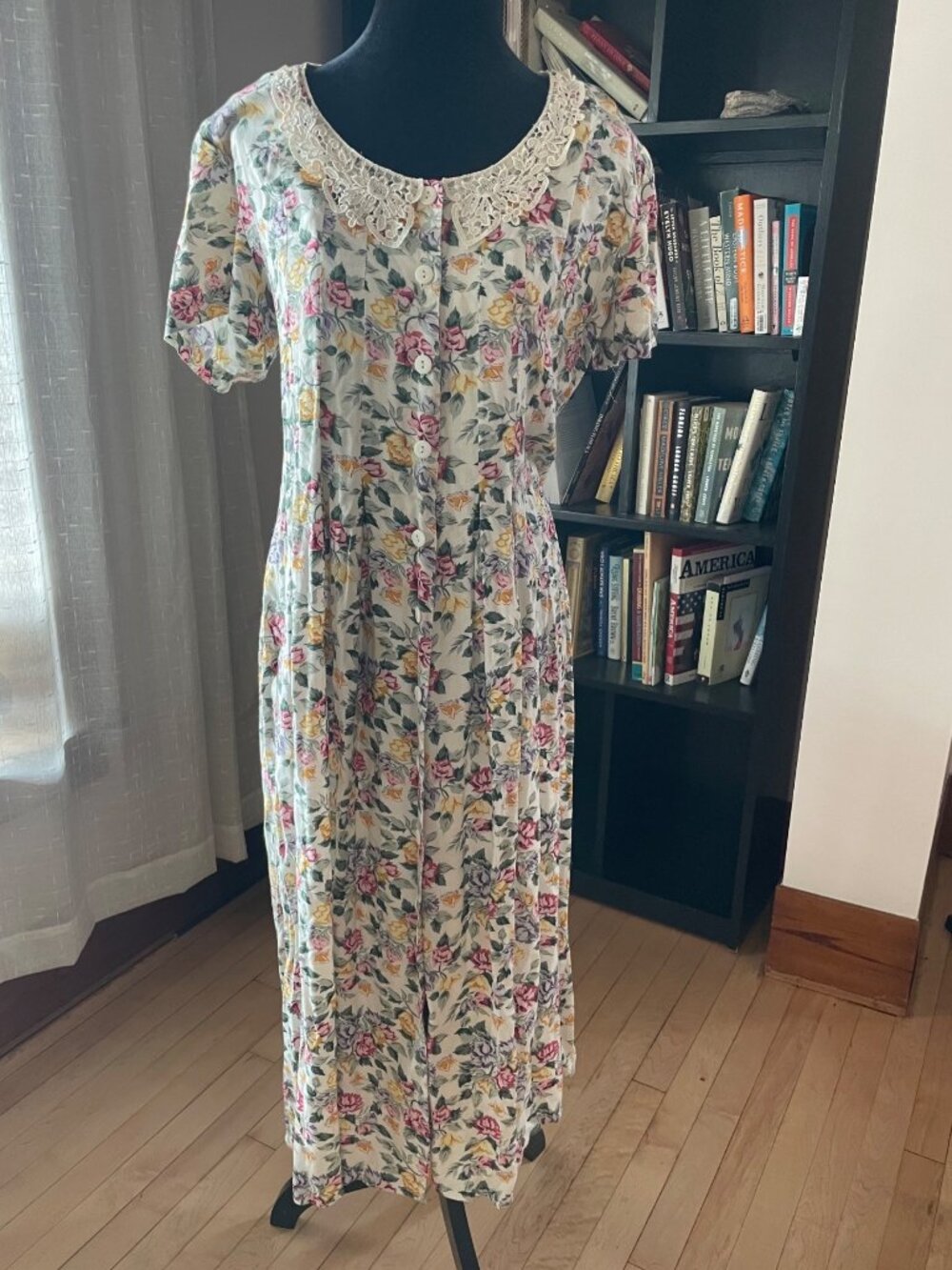 Vintage 90s Maxi Dress Button Down Floral Tie Back Lace Collar Cottagecore M
